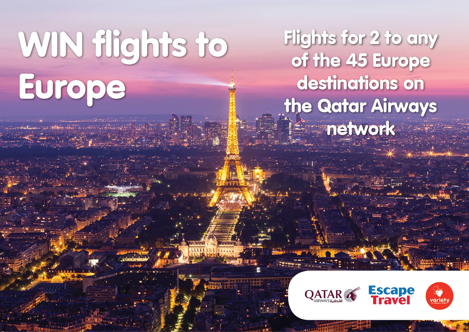 WIN return flights to Europe for 2 in the Fundraising Raffle for Variety SA